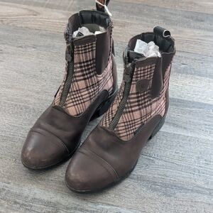 Ariat Brown Leather and Pink Plaid Zip Ankle Boots